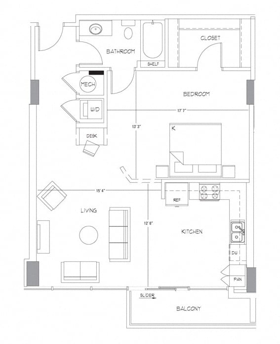 Rendering of the A9A floor plan with 1 bedroom[s] and 1 bathroom[s] at Glass House by Windsor
