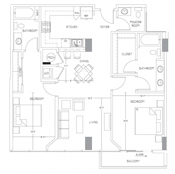 Rendering of the B5 floor plan with 2 bedroom[s] and 2.5 bathroom[s] at Glass House by Windsor
