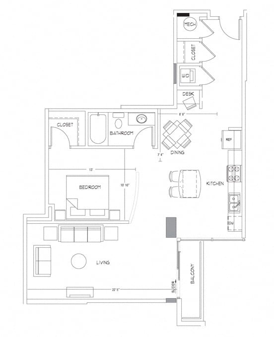 Rendering of the A10 floor plan with 1 bedroom[s] and 1 bathroom[s] at Glass House by Windsor