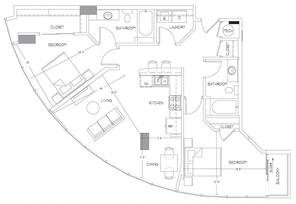 Rendering of the B3 floor plan with 2 bedroom[s] and 2 bathroom[s] at Glass House by Windsor