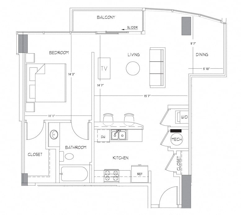 Rendering of the A5 floor plan with 1 bedroom[s] and 1 bathroom[s] at Glass House by Windsor