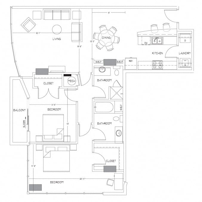 Rendering of the B10A floor plan with 2 bedroom[s] and 2 bathroom[s] at Glass House by Windsor