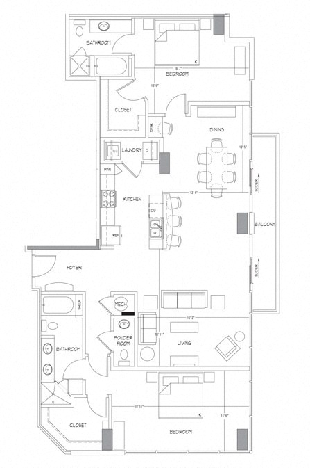 Rendering of the B13 floor plan with 2 bedroom[s] and 2 bathroom[s] at Glass House by Windsor