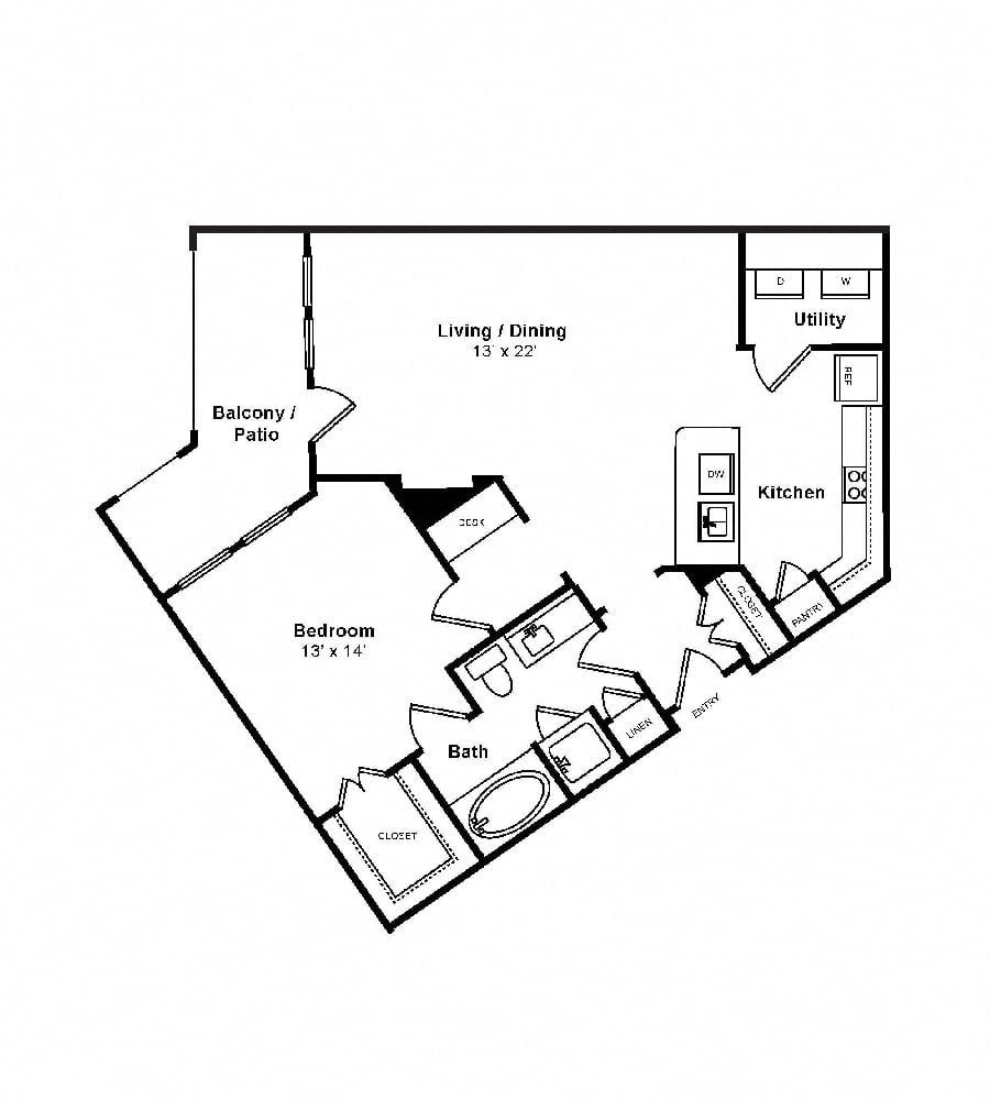 Rendering of the Sombra floor plan with 1 bedroom[s] and 1 bathroom[s] at The Monterey by Windsor