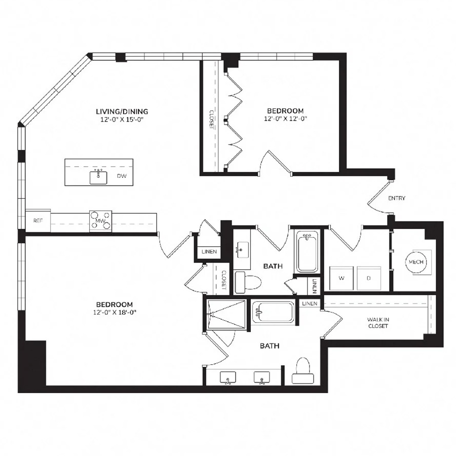 Rendering of the Ventura floor plan with 2 bedroom[s] and 2 bathroom[s] at The Monterey by Windsor