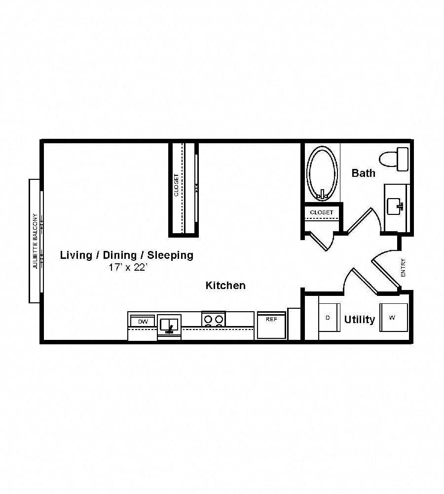 Rendering of the Carmel Loft floor plan with a Studio bedroom and 1 bathroom[s] at The Monterey by Windsor