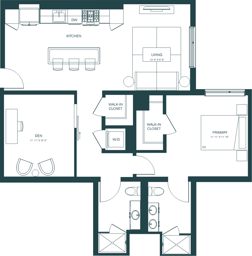 1 Bed/2 Bath Den-B8L floor plan